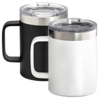 A drinkware set featuring two thermal copper mugs, one black and one white, with clear lids and handles.