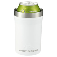 A drink bottle in white with a stainless steel rim, designed to hold a can. It features a logo on the front.