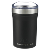 A drink bottle in matte black with a silver rim and a transparent lid, featuring a branding logo.