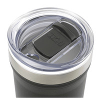 A drink bottle featuring a clear lid and black grip, with a stainless steel base in a sleek design.