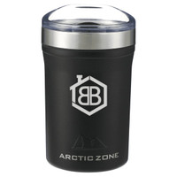 A drink bottle in matte black with a stainless steel lid and a logo. It features an insulated design for temperature control.