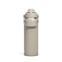 A drink bottle in a light beige colour with a handle and a screw-on lid, featuring a branding logo.