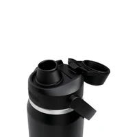 A drink bottle in black with a silver band, featuring a lid and a straw opening, and a branding logo.