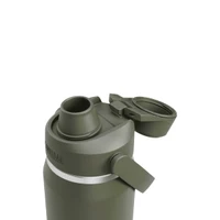 A drink bottle in olive green with a wide mouth and a flip-top lid, featuring a logo.