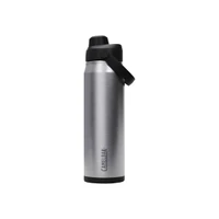 A drink bottle in stainless steel with a black cap and a logo, designed for easy chugging.