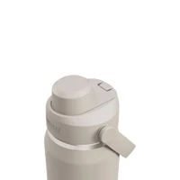 A drink bottle in a light grey colour with a screw-top lid and a side handle. It features a logo on the side.