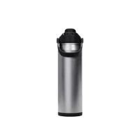 A drink bottle in a sleek silver and black design, featuring a secure lid and a carry handle.