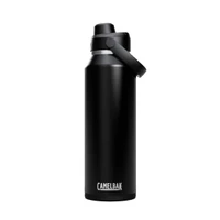 A drink bottle in matte black with a flip-top lid and a carry strap, featuring a logo on the front.