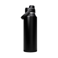 A drink bottle in matte black finish with a wide mouth and a handle, featuring a logo on the body.