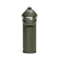 A drink bottle in olive green with a flip straw and a carrying handle. The bottle features a logo.