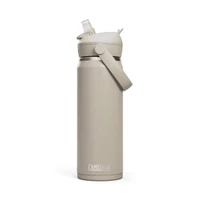 A drink bottle in a light beige colour with a flip straw and a side handle, featuring a logo.