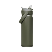 A drink bottle in olive green with a flip straw lid and carry handle, featuring a logo.