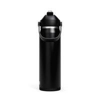 A drink bottle in black with a sturdy handle and a flip straw, featuring a silver band around the top.