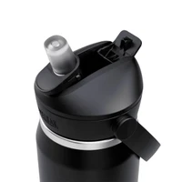 A drink bottle in black, featuring a flip straw lid and a shiny silver band, with a logo on the side.