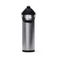 A drink bottle with a sleek stainless steel design and a black flip straw lid. It features a sturdy carrying handle.