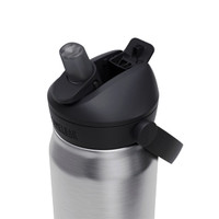 A drink bottle featuring a stainless steel body and a black flip straw lid, with a logo on the side.