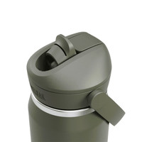 A drink bottle in olive green with a flip straw lid and a silver accent, featuring a branding logo.