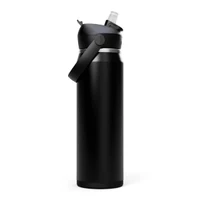 A drink bottle with a sleek black design, featuring a flip straw and a carry handle, with a logo on the side.