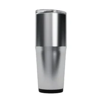 A drink bottle with a sleek silver and stainless steel design featuring a clear lid and a black base. It has a logo.