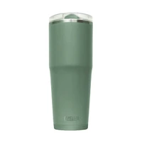 A drink bottle in a matte green finish with a transparent lid and a branded base.