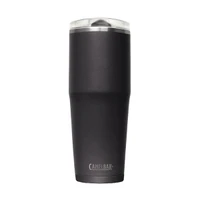 A drink bottle in matte black with a stainless steel lid and a logo on the front.