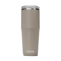 A drink bottle in a matte tan colour with a stainless steel lid and a logo at the bottom.