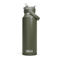 A drink bottle in olive green with a flip straw and a handle, featuring a brand logo.