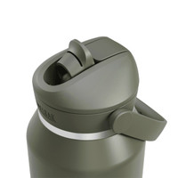 A drink bottle in olive green with a flip straw and a handle, featuring a circular cap and a visible logo.