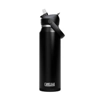 A drink bottle in black with a flip straw cap and a carry handle, featuring a logo on the front.