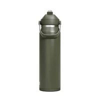 A drink bottle in olive green with a grey lid and a carry handle, featuring a logo.