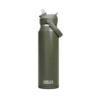 A drink bottle in olive green with a flip straw lid and a handle, featuring a logo on the side.
