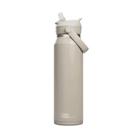A drink bottle in light beige with a flip straw and a carry handle, featuring a logo.