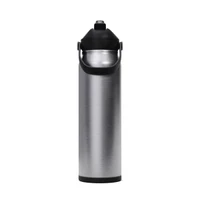 A drink bottle with a shiny silver stainless steel body and a black flip straw lid. It features a built-in handle.