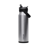 A drink bottle in silver with a black flip straw lid, featuring a handle and branding.