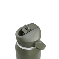 A drink bottle in dark green featuring a flip straw and a silver accent around the top, with a logo on the side.