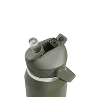 A drink bottle in olive green, featuring a flip straw and a secured lid with a spout; includes a logo.