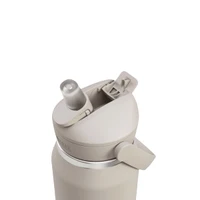 A drink bottle in a light beige colour featuring a flip straw and a secure cap, with a logo on the body.