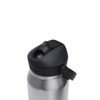 A drink bottle with a stainless steel body and a black flip straw lid, featuring an attached handle.