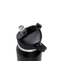 A drink bottle with a flip straw design, featuring a black body and a silver accent. It has a logo on the side.