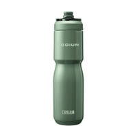 A drink bottle in a muted green colour, featuring a sleek design and a logo. It has a screw-on lid and a spout.