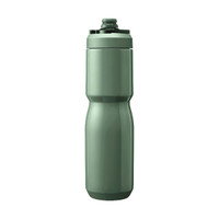 A drink bottle in a matte green finish with a curved design and a black cap, featuring a logo.