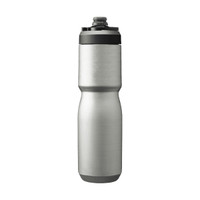 A drink bottle in stainless steel with a black lid and a logo. It has a capacity of 0.65L.