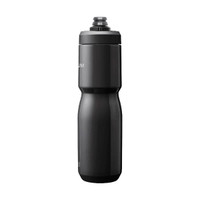 A drink bottle in black, featuring a sleek design and a logo. It has an insulated steel build and a 0.65L capacity.