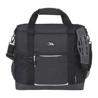 A black cooler bag with a sturdy handle, mesh pockets, and a shoulder strap, featuring a logo on the front.