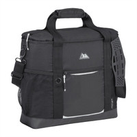 A black cooler bag with carrying handles, adjustable shoulder strap, and mesh side pockets. It has a logo.