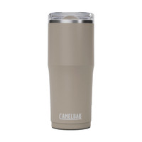 A drink bottle in a light brown shade with a clear lid and a logo.