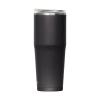 A drink bottle in matte black with a clear lid, featuring a sleek, tapered design and a branding logo.