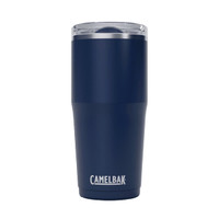 A drink bottle in navy blue with a clear lid, featuring a logo. Suitable for travel and on-the-go use.