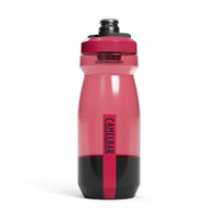 A drink bottle in pink and black with a lid and a logo, featuring a tapered design.