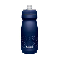A drink bottle in navy blue with a textured grip and a spout lid, featuring a logo.